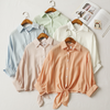 Simple Basic Summer Women Knotted Solid Color Lapel Blouse