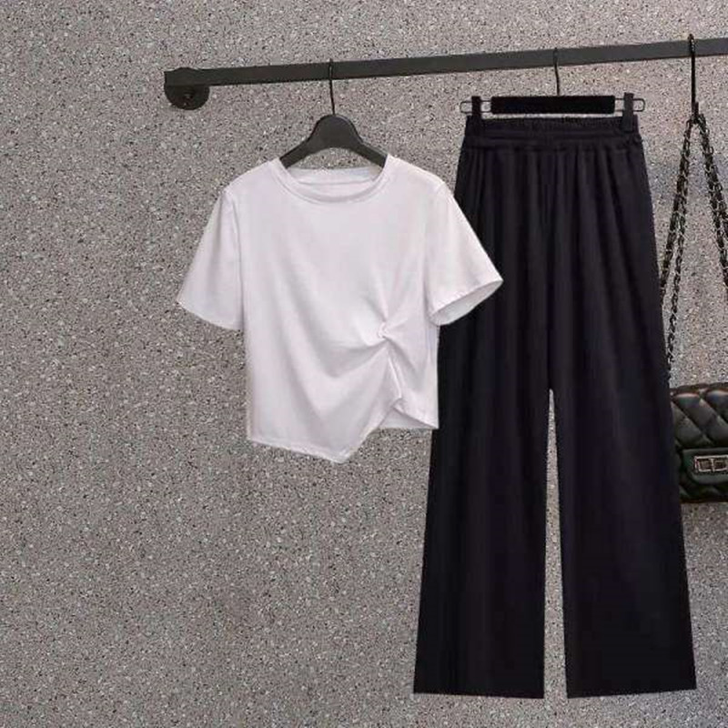 Women Fashion Casual Irregular Hemline Short Sleeve T-Shirt And Loose Pants Set