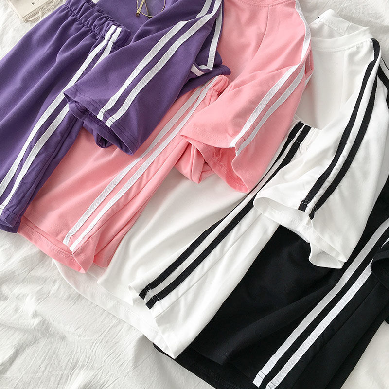 Women Casual Sports Athleisure Striped Short Sleeve T-Shirt And Shorts Student Set