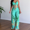 Fashion Women Sexy Summer Vacation Leaf Print Camis High Waist Wide Leg Pants Casual Set