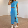 Women Pleated Half High Collar Sleeveless Top And High Waist Slit Mid Length Skirt Two-Piece Set