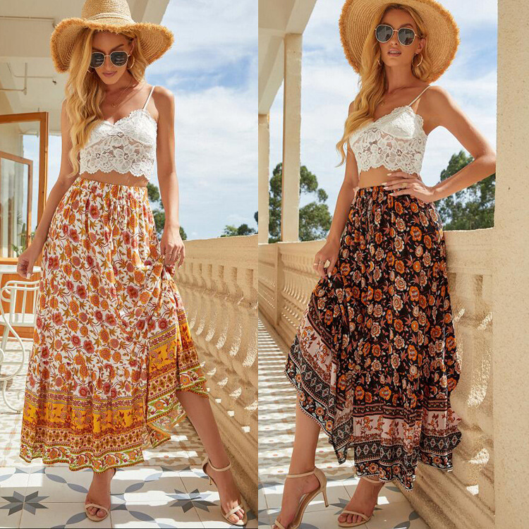 Women'S Casual Bohemian Pattern Single-Breasted Drawstring Waist Side Slit Pastoral Retro Holiday Big Swing Skirt