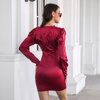 Women Elegant Solid Color Satin Long Puff Sleeve V Neck Cut Out Dress