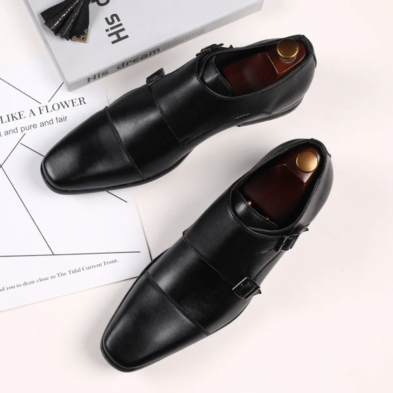 Men Fashion Square Toe Three-Joint Monk Buckle Pu Leather Shoes