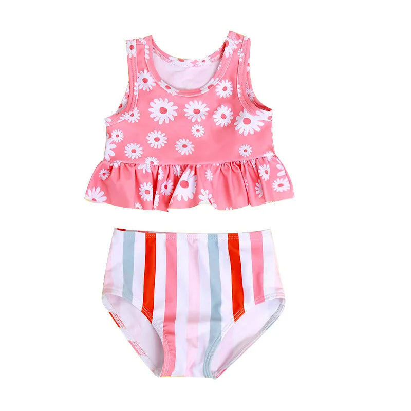 Children Kids Baby Fashion Girls Cute Daisy Flower Print Split Swimsuit 2pcs Set