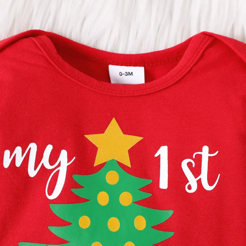 Kids Baby Girls Fashion Casual Christmas Solid Color Christmas Tree Letters Round Neck Long Sleeve Romper Color-Block Trousers Set