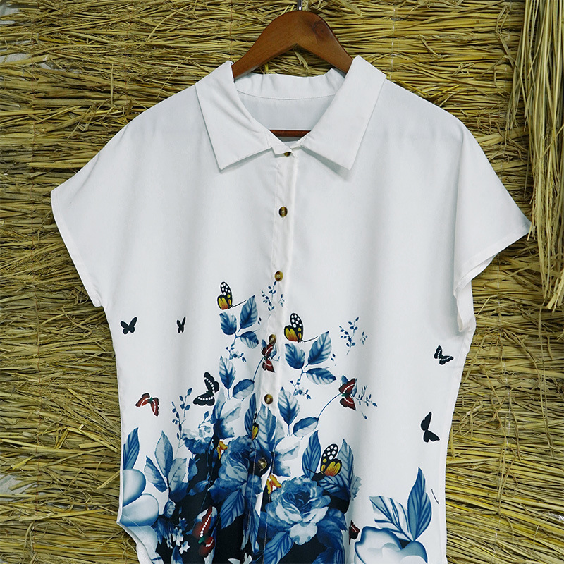 Women Casaul Summer Butterflt Floral Printed Loose Short Sleeve Shirt Blouse