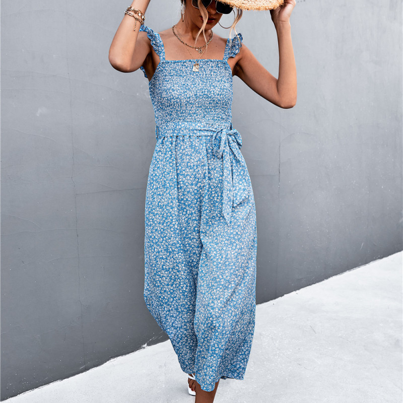 Women Bohemian Summer Ruffled Sleeves Bandage Tiny Flower Printed Loose Wide Legs Jumpsuits