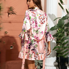 Women Elegant Flower Printed Ruffled Bandage Satin Pajamas Robe