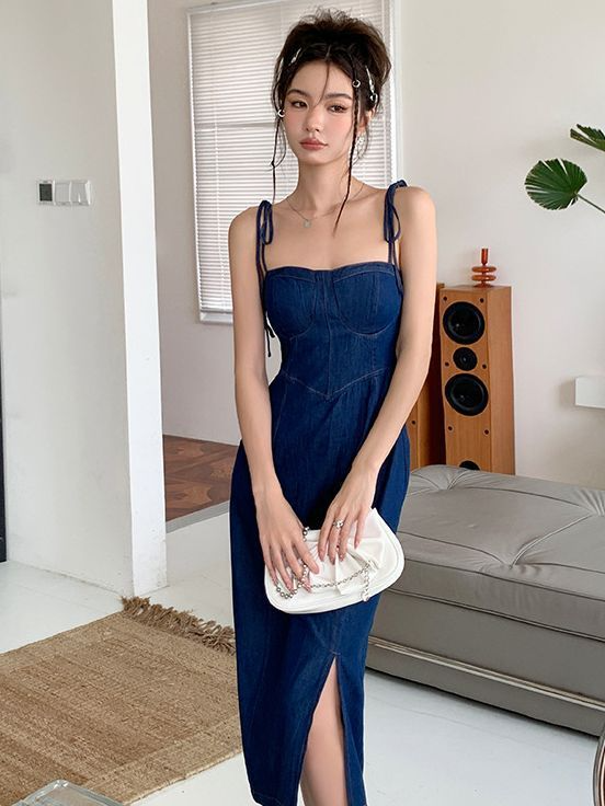 Women'S Sexy Edgy Slit Defined Waist Slip Denim Dress