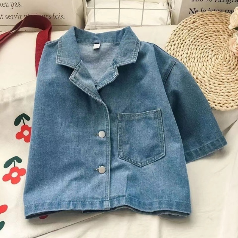 Women'S Retro Casual Short-Sleeved Lapel Loose Denim Shirt