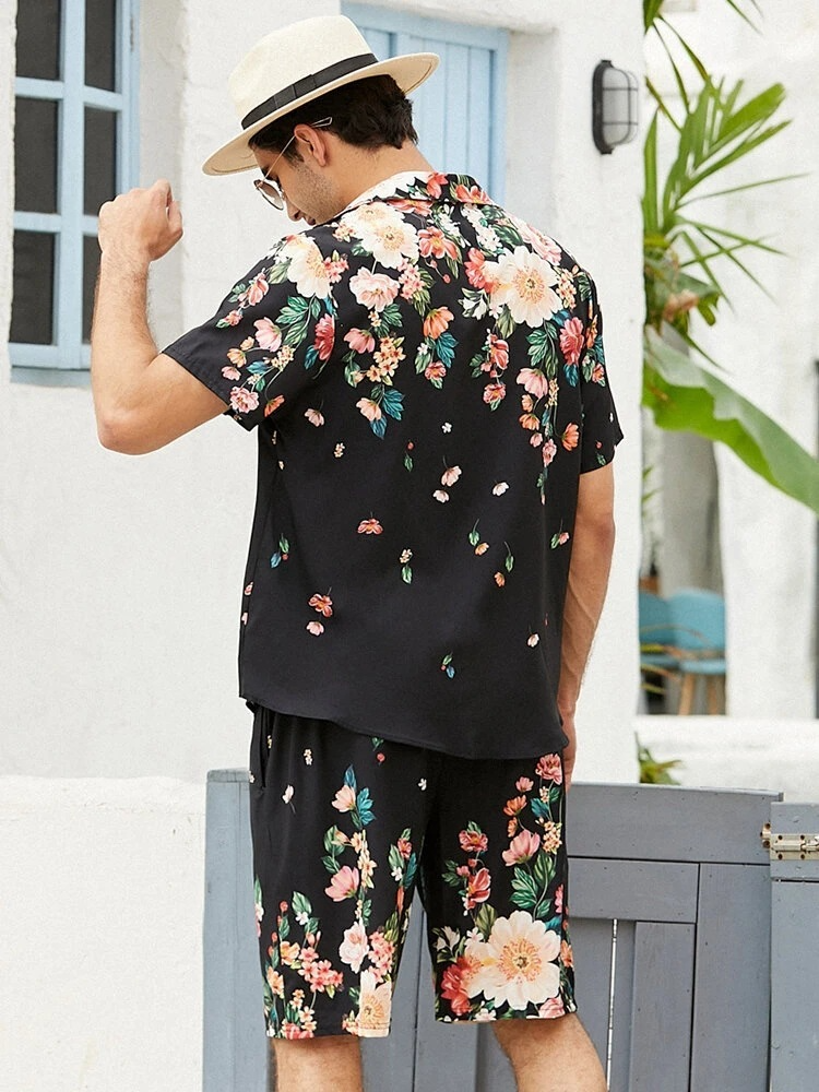 Men'S Casual Short Sleeve Floral Print Loose Beach Shirt And Pants Two-Piece Set