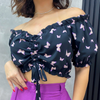 Women'S Sexy Butterfly Print Cropped Neck Cropped Shirt With Wooden Ears