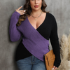 Casual Women Plus Size Winter Autumn Color Contrast V Neck Long Sleeve Cross Knitted Sweater