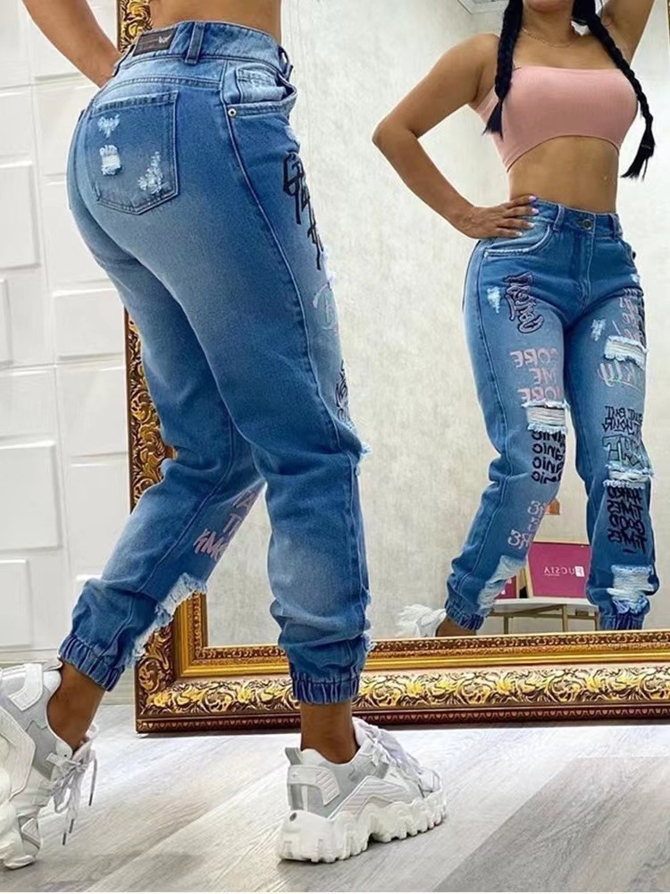 Women'S Fashion Casual Letter Printing Ripped Denim Pants