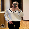 2 Pieces Women Casual Stitching Color Loose V-Neck Long-Sleeved Knitted Sweater