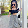 Kids Toddler Girls Summer Fashion Casual Cute Sweet Solid Color Boat Neck Puff Sleeve Houndstooth Trousers Set