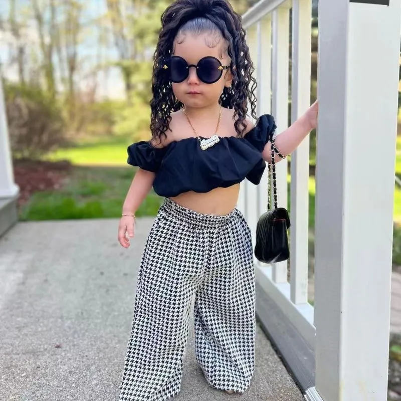 Kids Toddler Girls Summer Fashion Casual Cute Sweet Solid Color Boat Neck Puff Sleeve Houndstooth Trousers Set