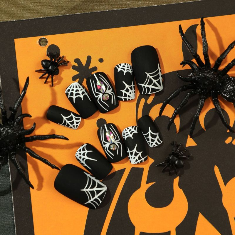 ( Buy 1 Get 2 ) Women Halloween Black Frosted White Cobweb Rhinestone Wearable False Nails