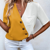 Women Casual Summer Chiffon V-Neck Fashion Color Blocking Short-Sleeved Blouse