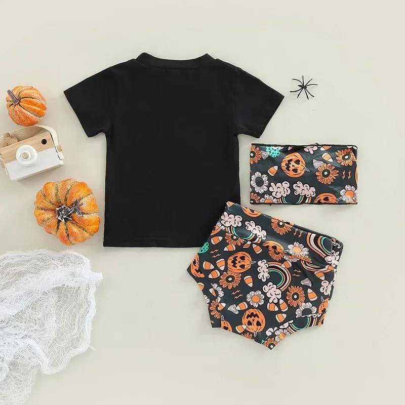 Kids Baby Girls Boys Summer Fashion Casual Halloween Solid Color Letter Round Neck Short Sleeve T-Shirt Pumpkin Shorts Set