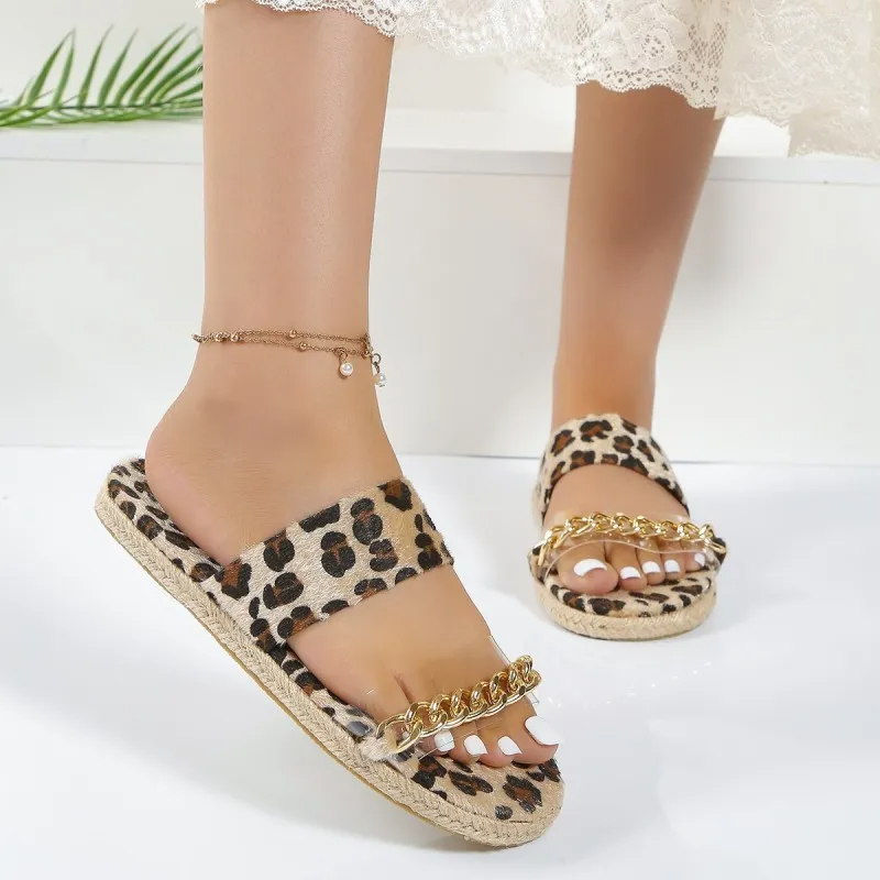 Women Fashion Plus Size Vacation Beach Leopard Print Metal Chain Flat Round Toe Slippers