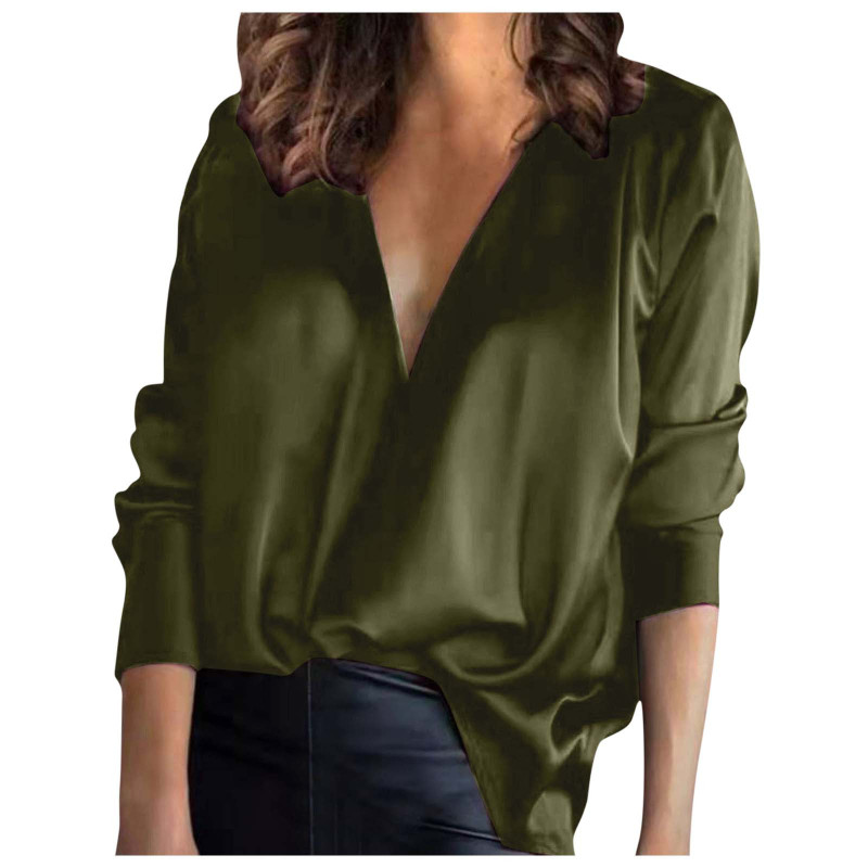 Women Fashion Elegant Pullover V-Neck Solid Color Satin Long-Sleeved Shirt Blouse