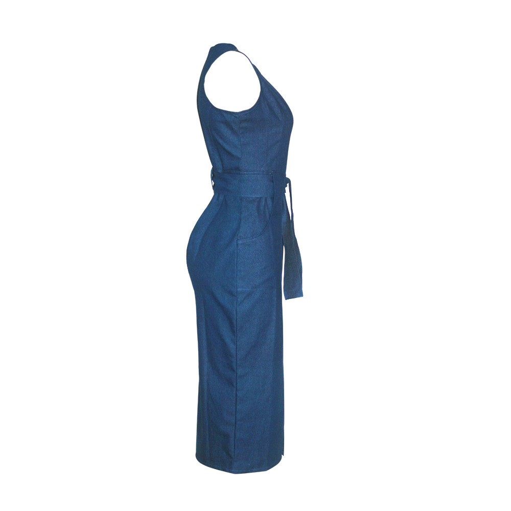 Women Casual Sleeveless Front Zipper Split Denim Midi Dress