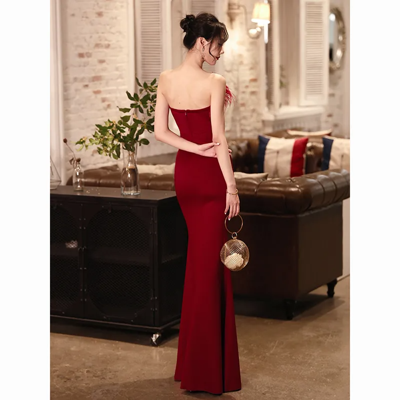 Evening Women Temperament Solid Color Off-The-Shoulder Fishtail Slit Wedding Dress