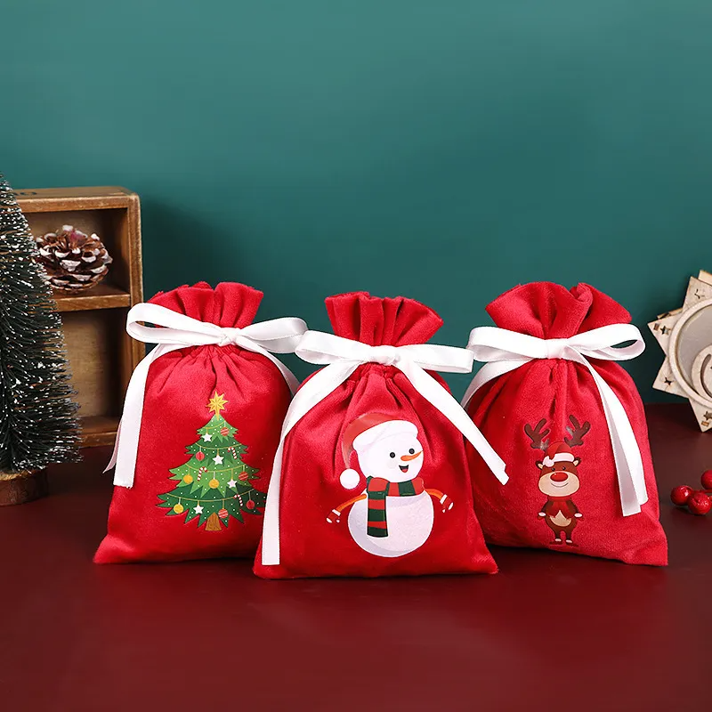 (Buy 1 Get 2)  Santa Claus Christmas Tree Snowman Drawstring Candy Gift Bag 4-Pack