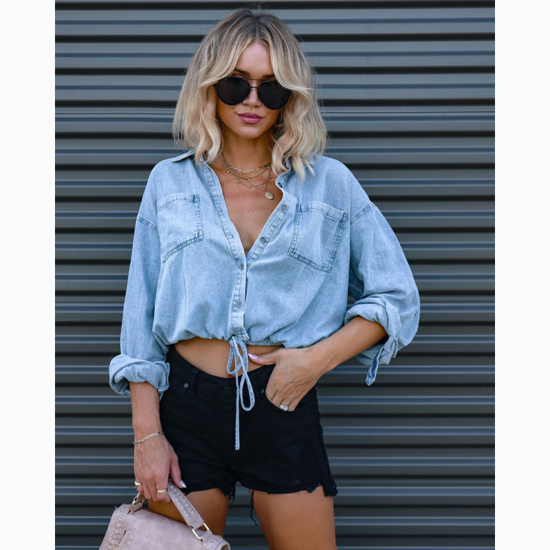 Women'S Fashion Casual Drawstring Lace-Up Cropped Long Sleeve Denim Shirt