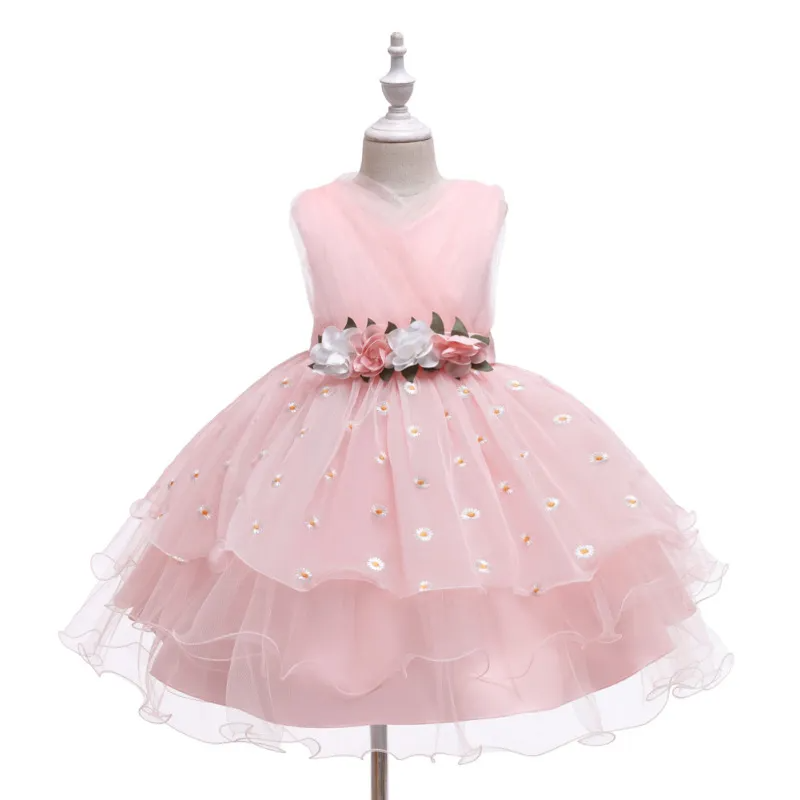 Kids Toddler Big Girls Fashion Party Cute Sweet Floral Solid Color Pleated Sleeveless Mesh Party Tutu Dress