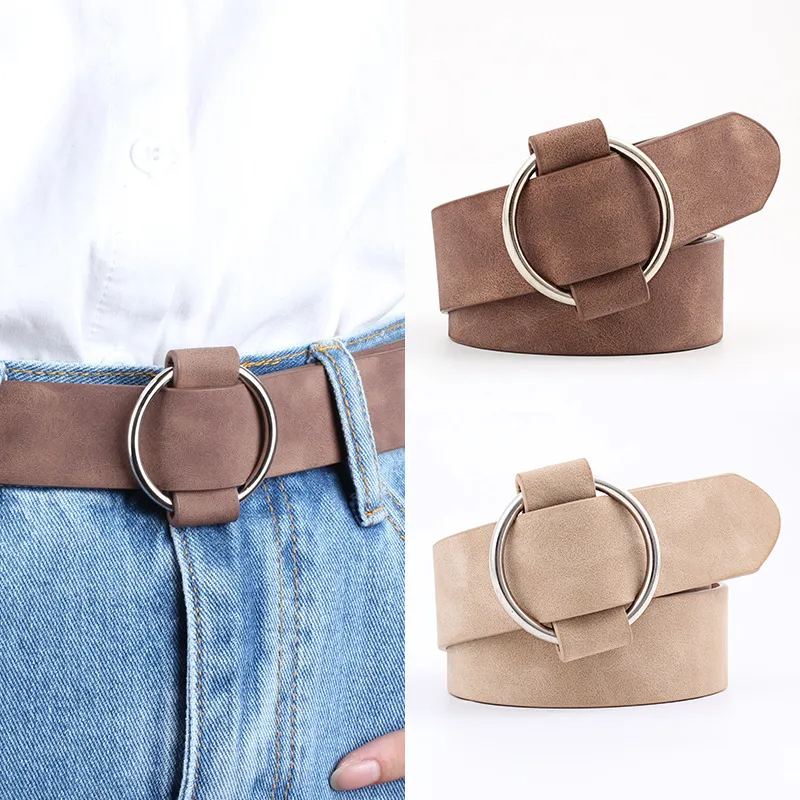 Women Causal Needleless Round Buckle Design Solid Color PU Belt