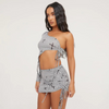 Sexy Women Fashion Irregular One Sleeve Drawstring Crop Top And Skirt Cross Print Nightclub Set