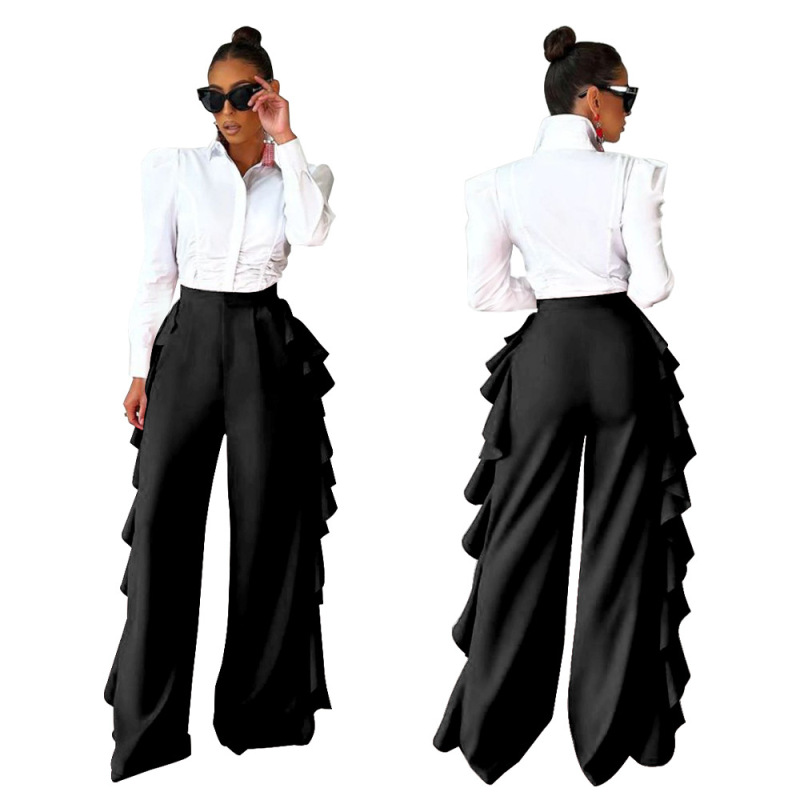 Women Solid Color Ruffle High Waist Wide Leg Pants