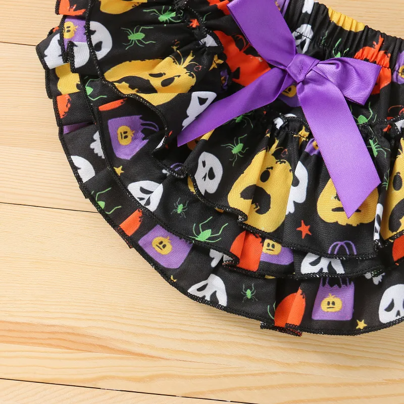 Kids Baby Girls Fashion Casual Halloween Solid Color Pumpkin Letter Round Neck Long Sleeve Romper Skull Spider Bow Skirt Dress Set