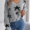 Women Fashion Casual V-Neck Star Hole Long Sleeve Knitted Sweater