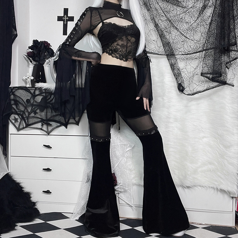 Women Gothic Mesh-Paneled High-Waisted Flared Pants