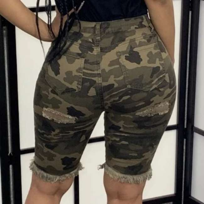 Women High-Waisted Worn Design Camouflage Print Denim Shorts