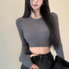 Women Casual Edgy Basic Solid Round Neck Rib-Knit Slim Long Sleeve Crop Top