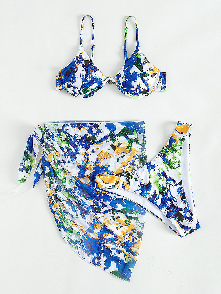 Women Sexy Printing High Waist Swimsuit Bikini Coverup Three-Piece Set