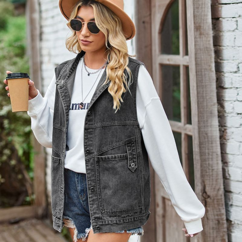 Women Loose Casual Lapel Sleeveless Denim Coat