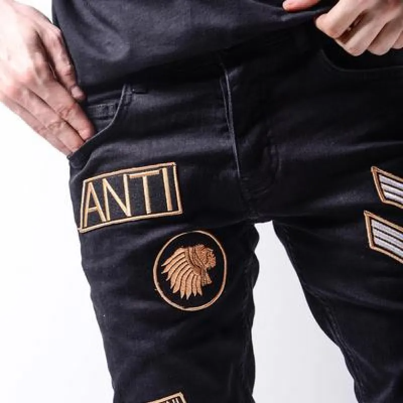 Men Fashion Patch Embroidery Stretch Slim Fit Pants