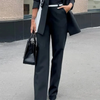 Women Fashion Casual Black White Color Block Blazer Jacket Straight Leg Pants Two-Piece Set