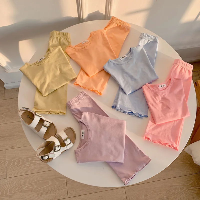 (Buy 1 Get 1) Children Kids Baby Fashion Girls Casual Short Sleeve Candy Color Top And Shorts Pajamas 2pcs Set