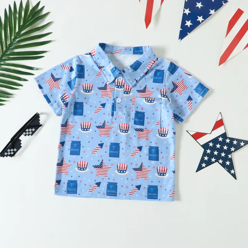 Children Kids Baby Fashion Boys Short Sleeve Star Print Shirt Independence Day Flag