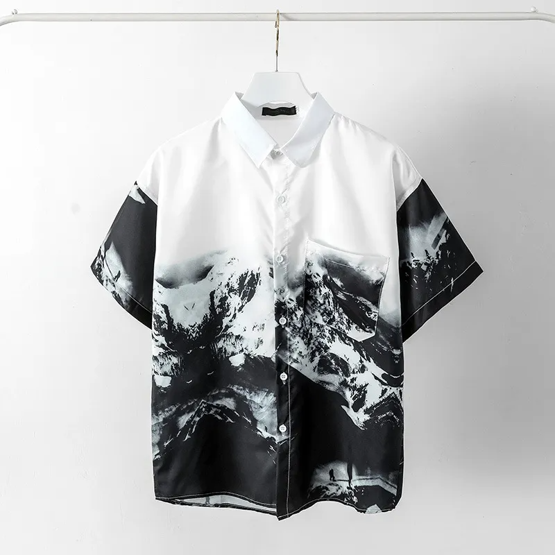 Men Fashionable Short Sleeve Lapel Single-Breasted Snow Mountain Printed Shirt