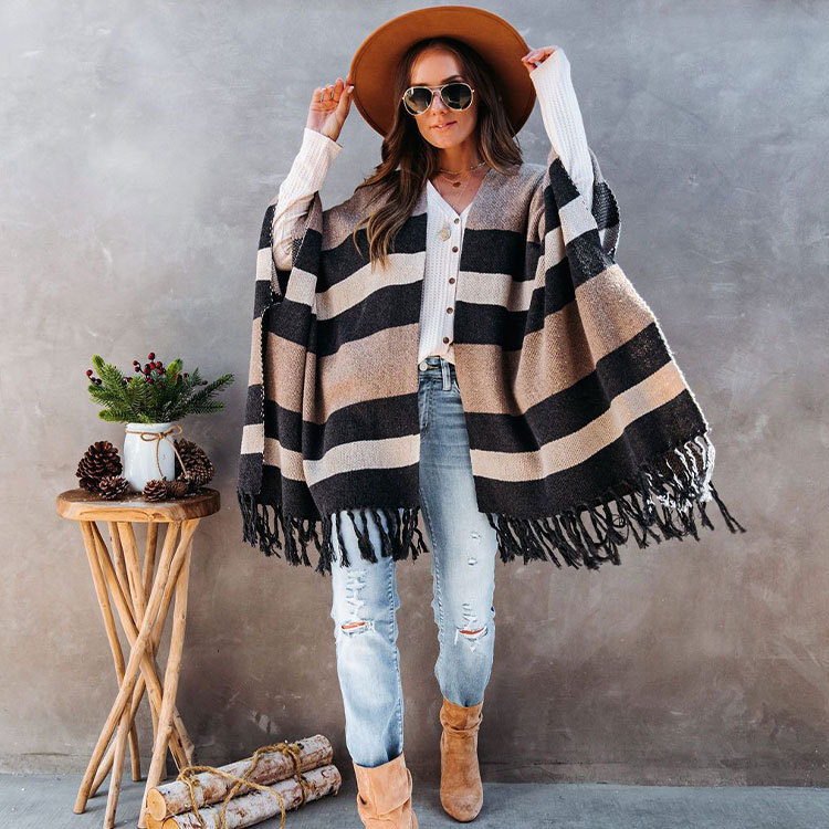 Autumn Winter Women Fashion Stripe Tassel Sweater Sweater Coat