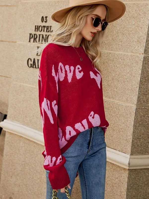 Women Simple Fashion Love Alphabet Jacquard Large Size Pullover Knitted Sweater