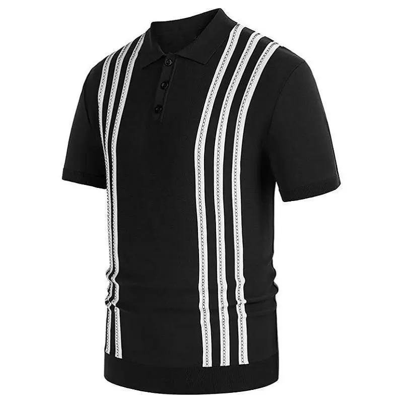 Men Casual Black White Stripe Short-Sleeved Knitted Polo Shirt